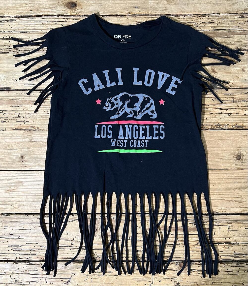 On Fire Women’s Size XS Black Graphic Logo Crop Tee W/Fringe Cuts NWOT
